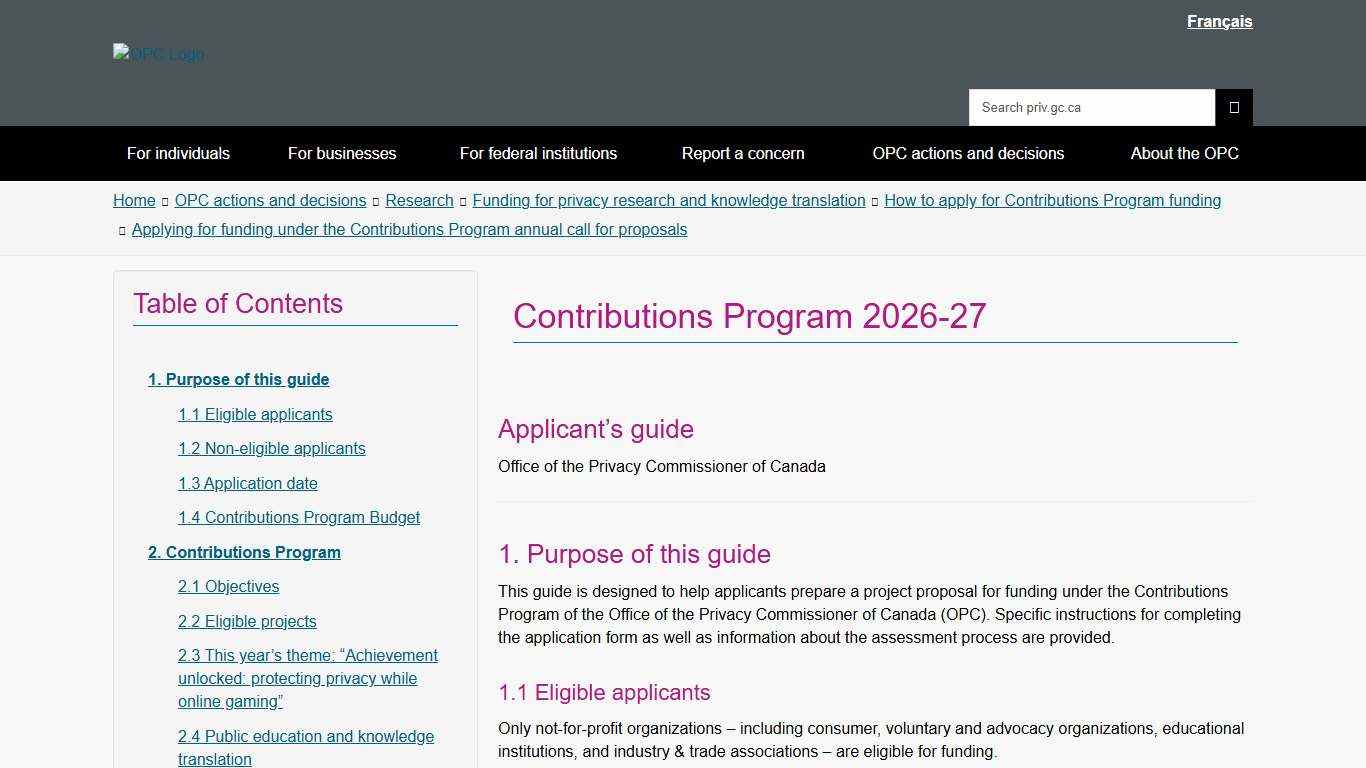 Contributions Program applicant’s guide 2026-27 - Office of the Privacy Commissioner of Canada